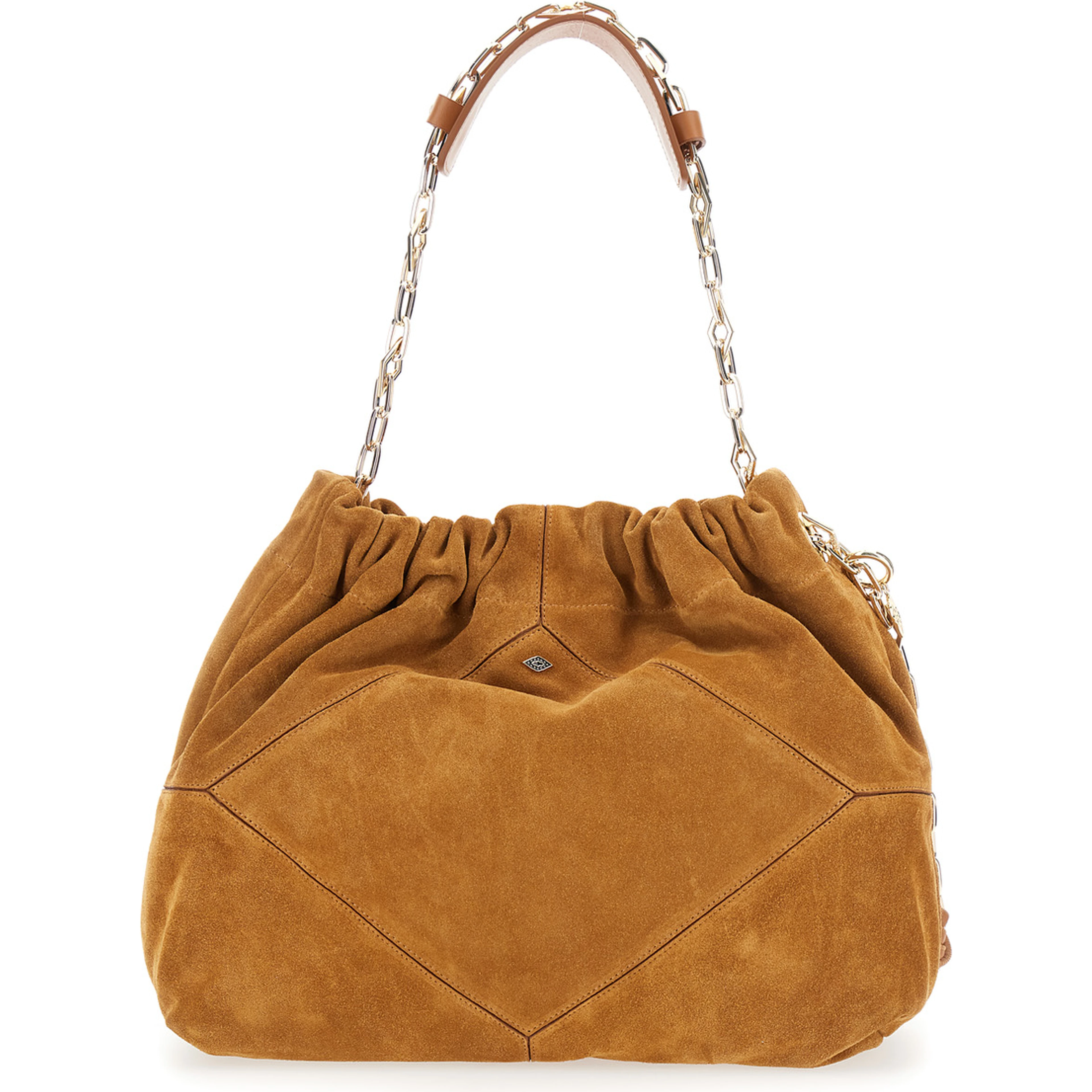 Shoulder Bag June with Chain Strap and Logo on Front in Suede Beige Woman
