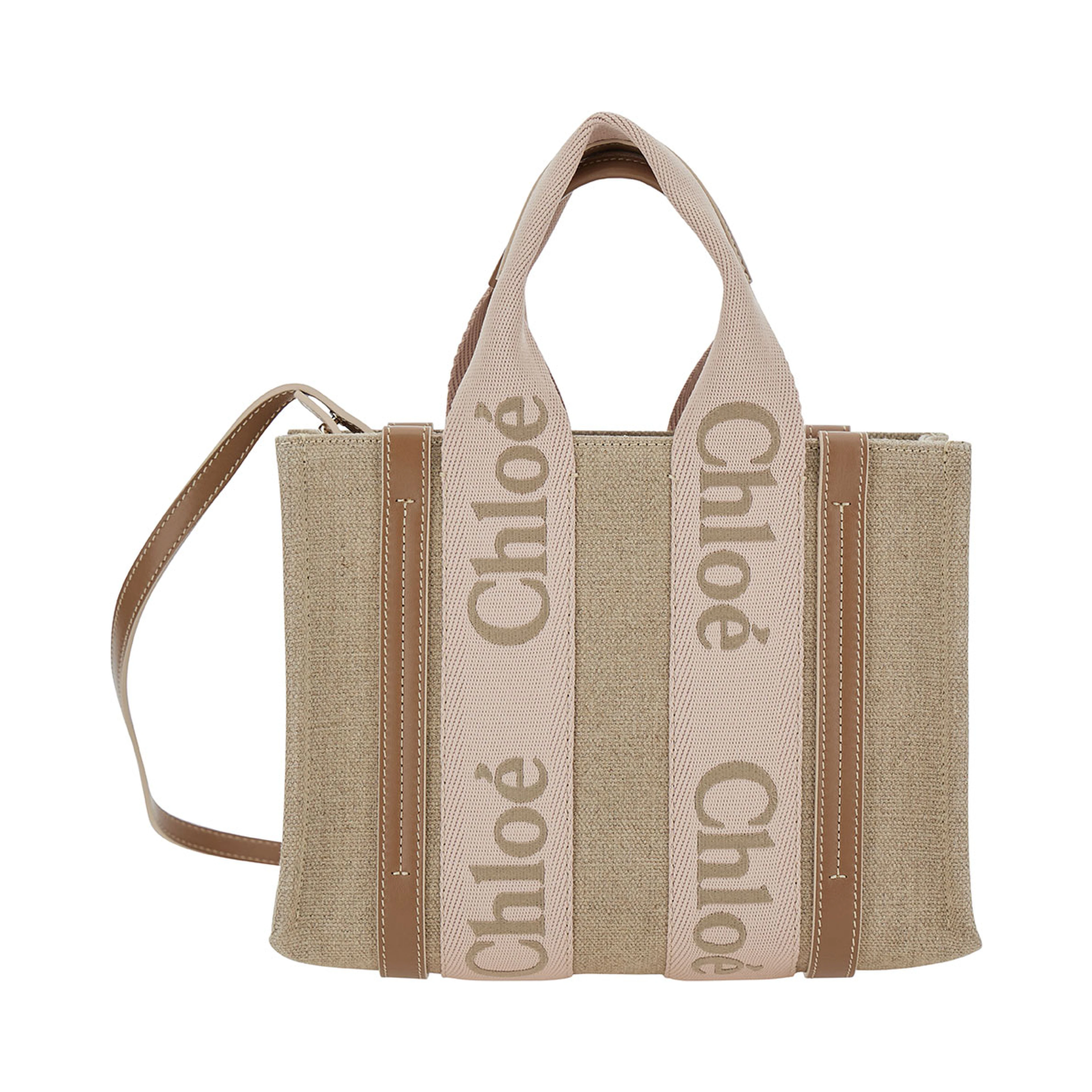 Tote bag Woody Piccola with Linen Logo Detail Beige Woman