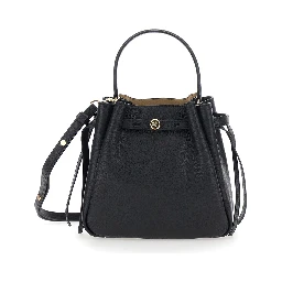 Bucket Bag Romy with Adjustable Strap and Logo Plate on Front in Grained Black Leather for Women