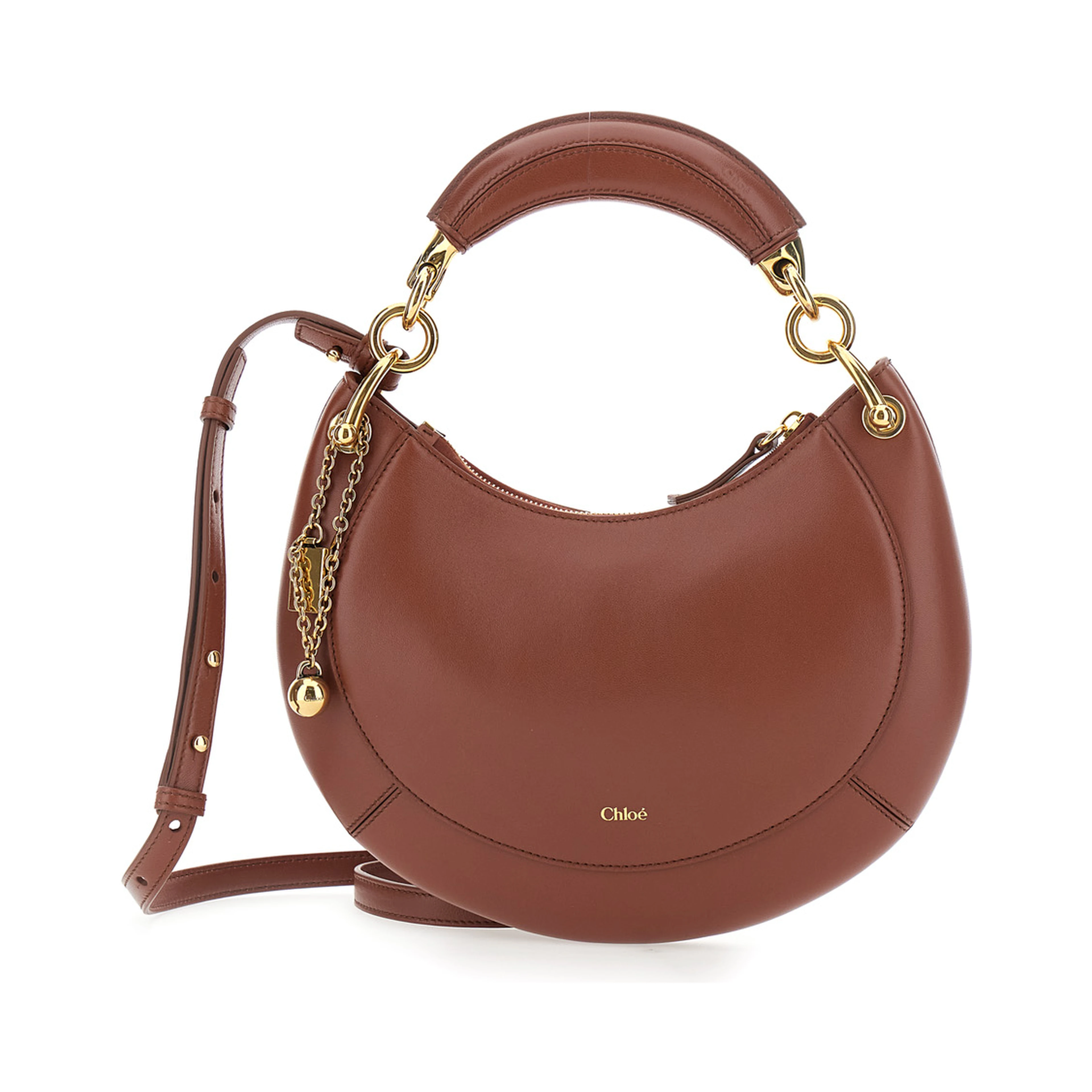 Banana Brown Handbag with Adjustable and Removable Shoulder Strap and Logo Charm on the Front in Leather for Women