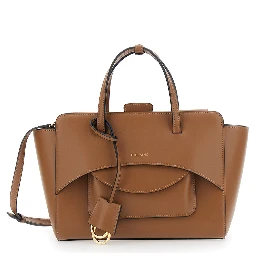 Brown Medium Handbag with Adjustable Shoulder Strap and Front Pocket in Leather for Women