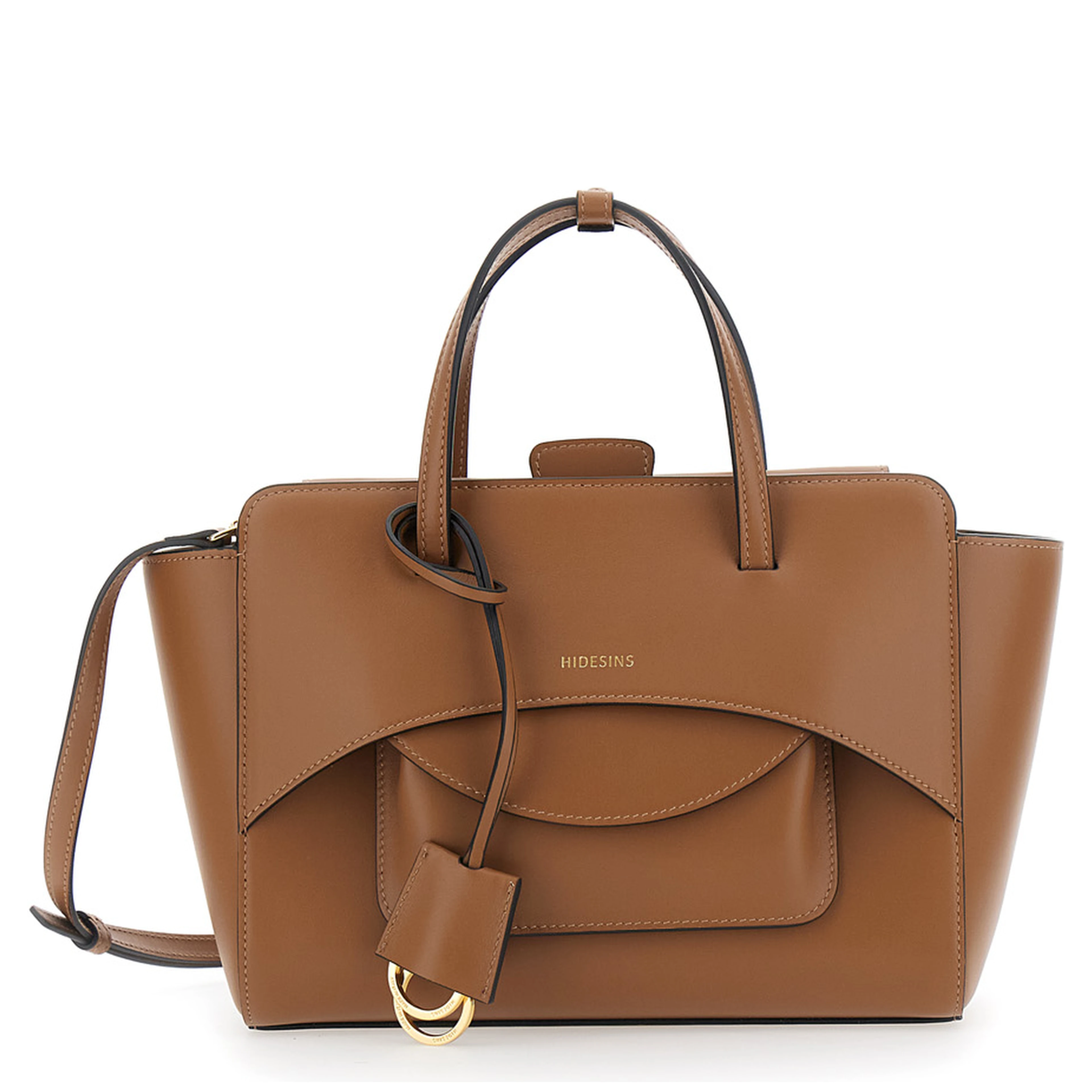 Brown Medium Handbag with Adjustable Shoulder Strap and Front Pocket in Leather for Women