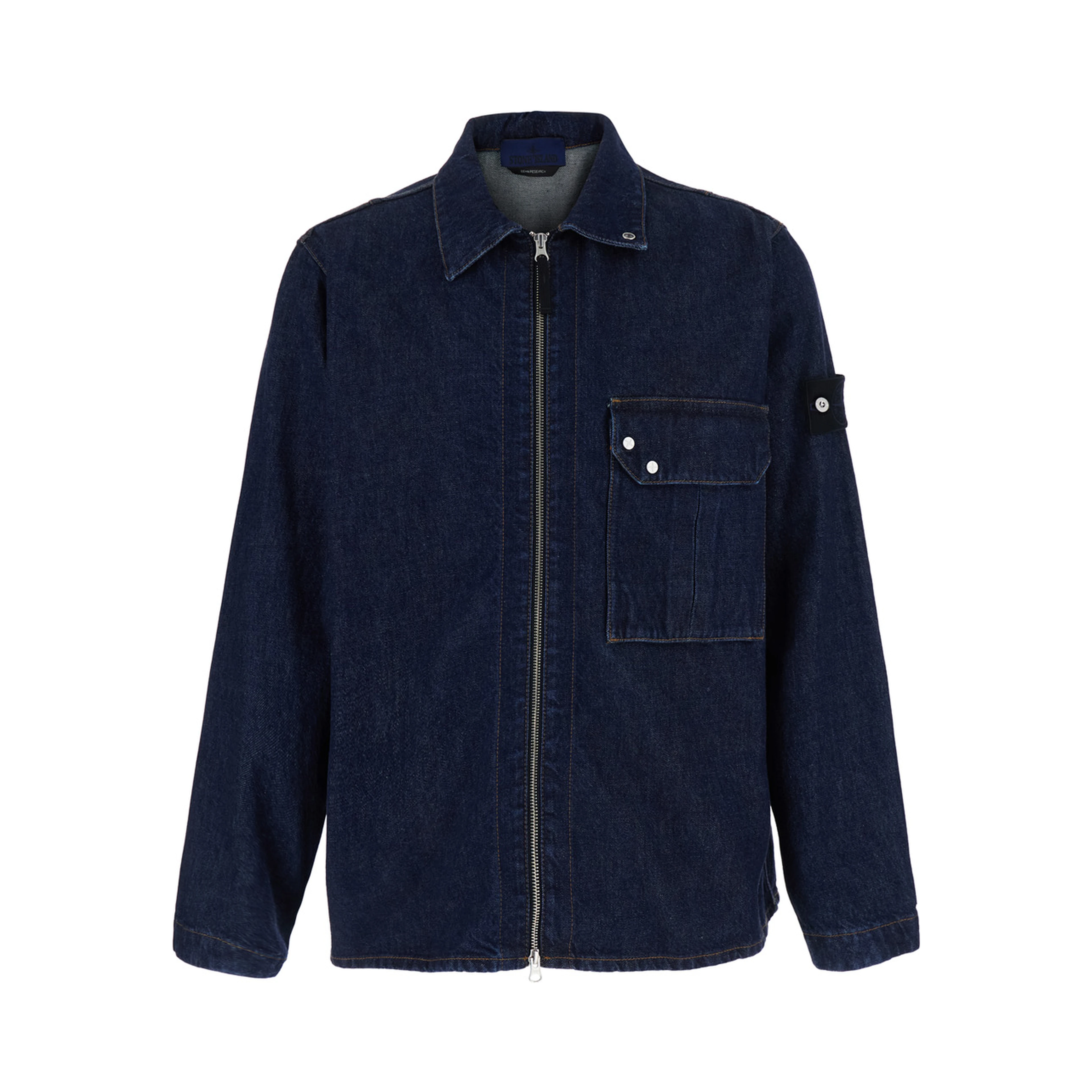Denim Shirt with Classic Collar and Long Sleeves, in Cotton, Blue, Men