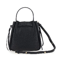 Bucket Bag Romy with Adjustable Strap and Logo Plate on Front in Grained Black Leather for Women