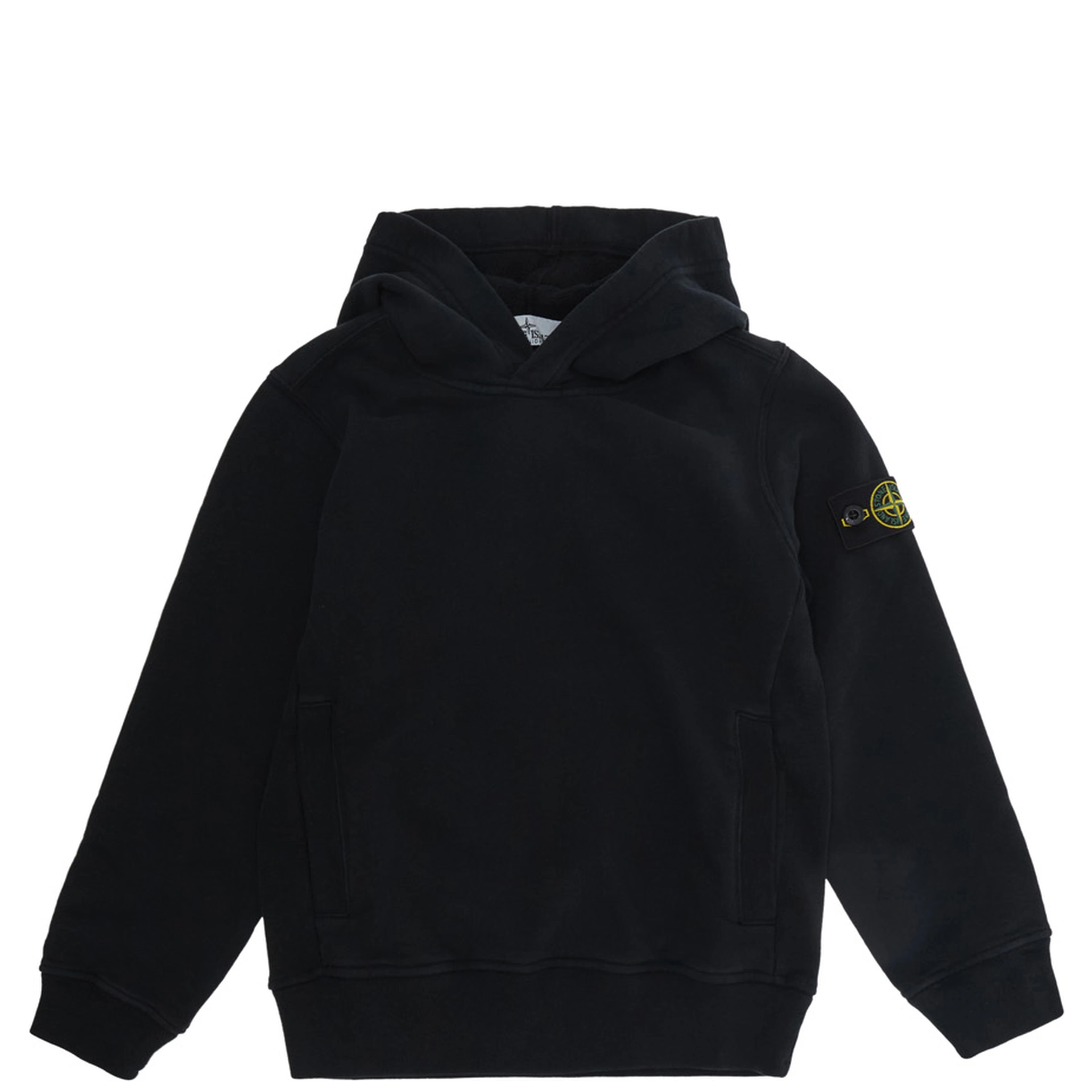 Black Hoodie with fixed hood and logo patch on the sleeve in cotton boy