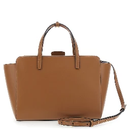 Brown Medium Handbag with Adjustable Shoulder Strap and Front Pocket in Leather for Women