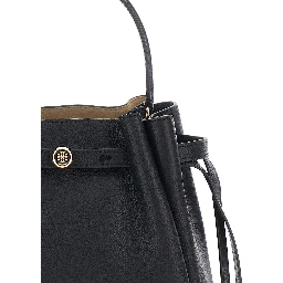 Bucket Bag Romy with Adjustable Strap and Logo Plate on Front in Grained Black Leather for Women