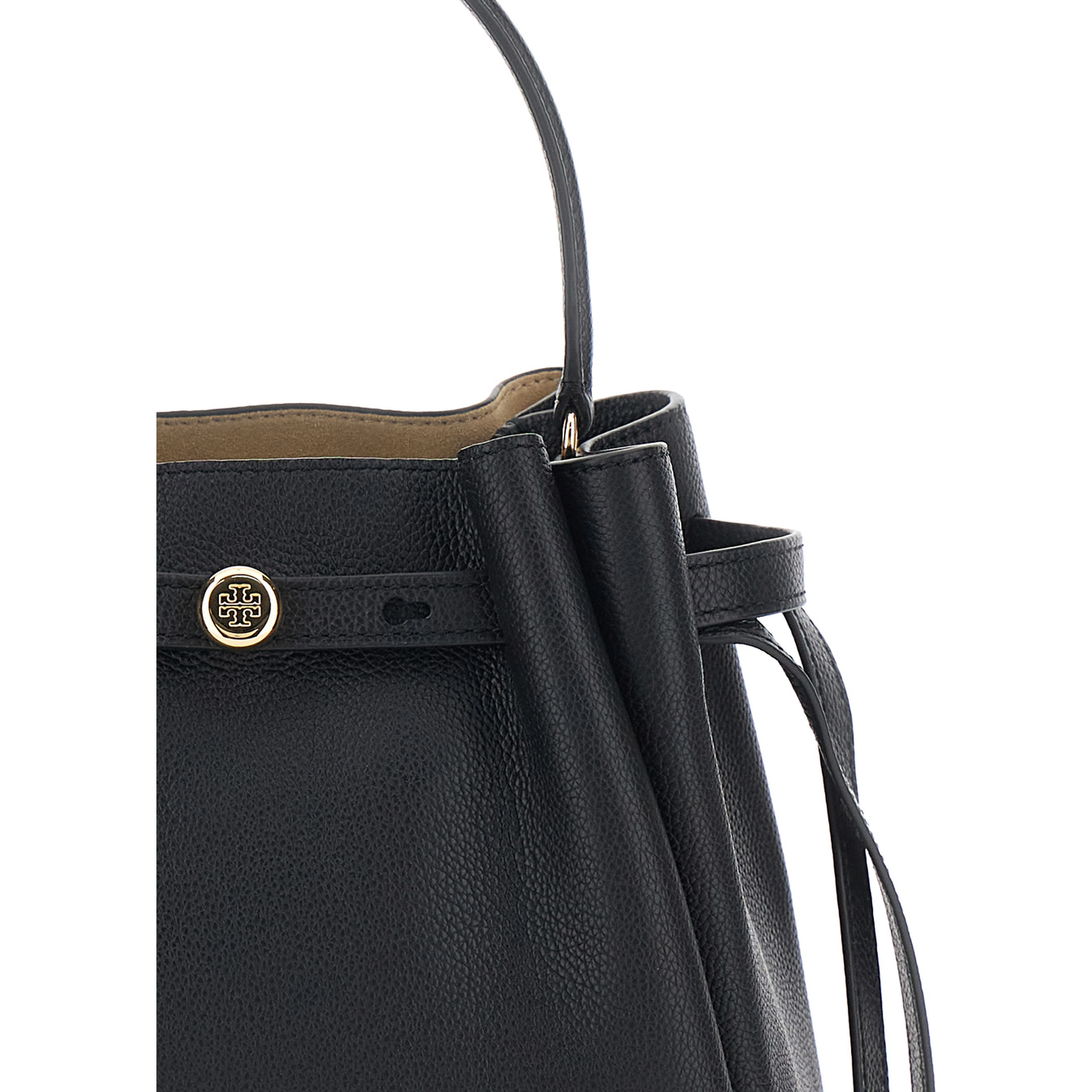 Bucket Bag Romy with Adjustable Strap and Logo Plate on Front in Grained Black Leather for Women
