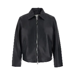 Black Jacket with classic collar and zip closure on the front in leather for men