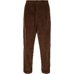 Brown Pants with Button and Zip Closure in Corduroy for Men