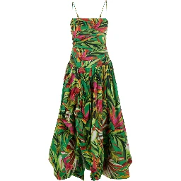 Tropical Dream Multicolor Long Sleeveless Dress with Flared Skirt and All-Over Floral Motif in Cotton for Women