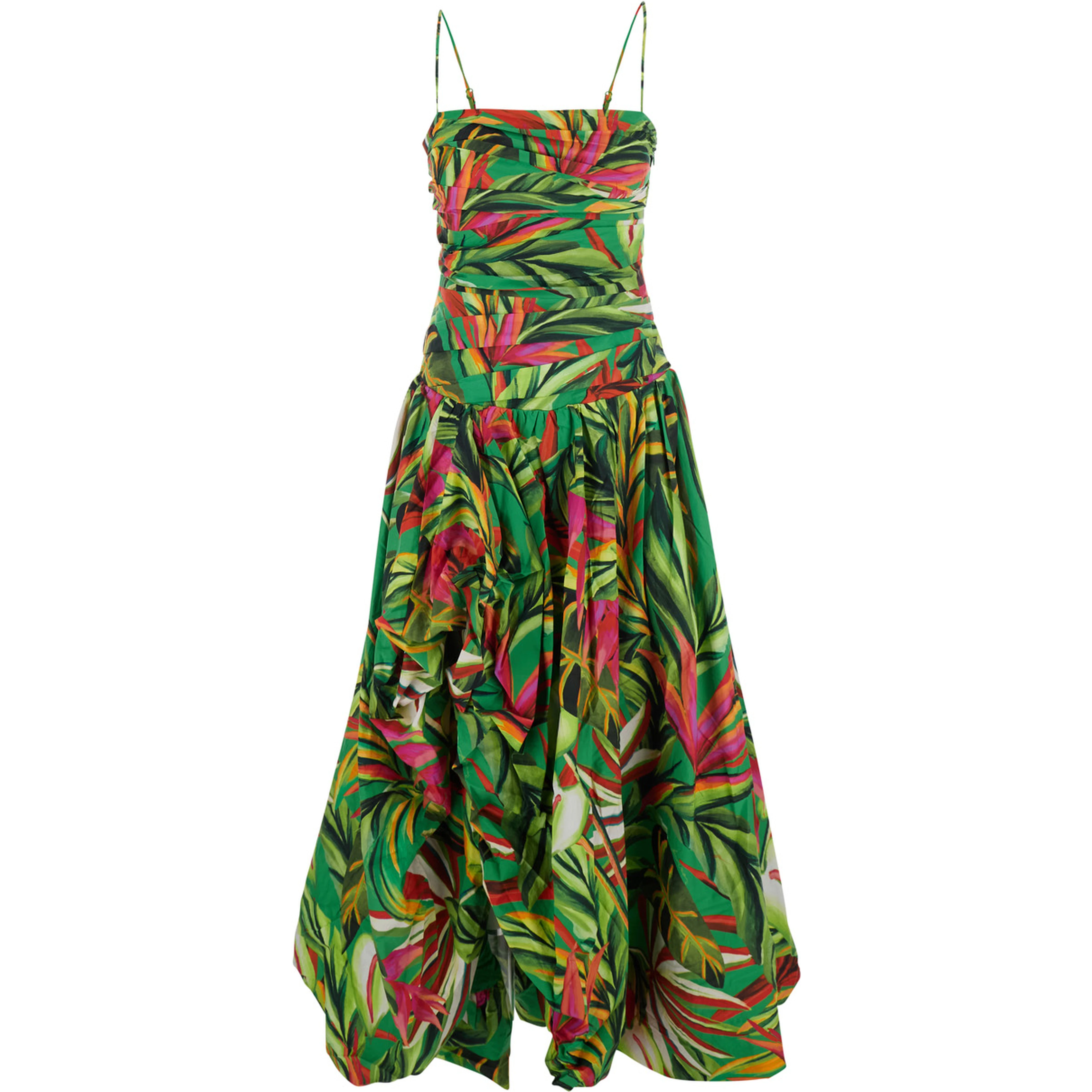 Tropical Dream Multicolor Long Sleeveless Dress with Flared Skirt and All-Over Floral Motif in Cotton for Women