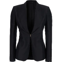 Black Single-Breasted Jacket with Peak revers and Hook Closure on the Front in Silk for Women