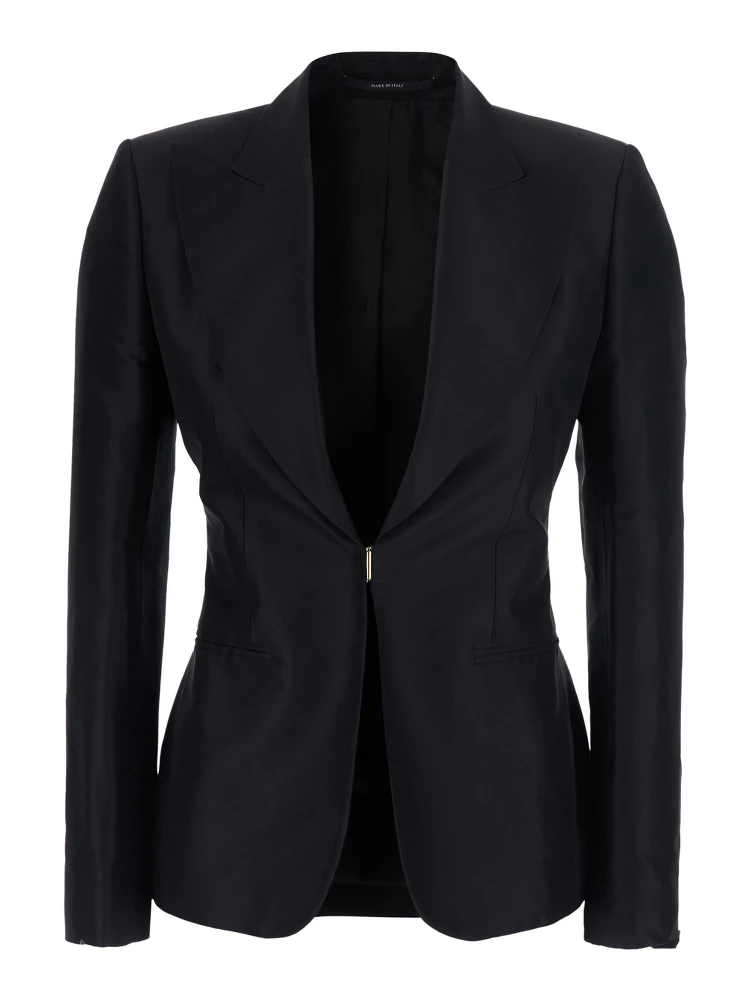 Black Single-Breasted Jacket with Peak revers and Hook Closure on the Front in Silk for Women