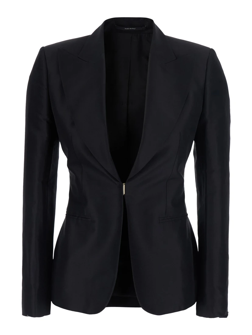 Black Single-Breasted Jacket with Peak revers and Hook Closure on the Front in Silk for Women