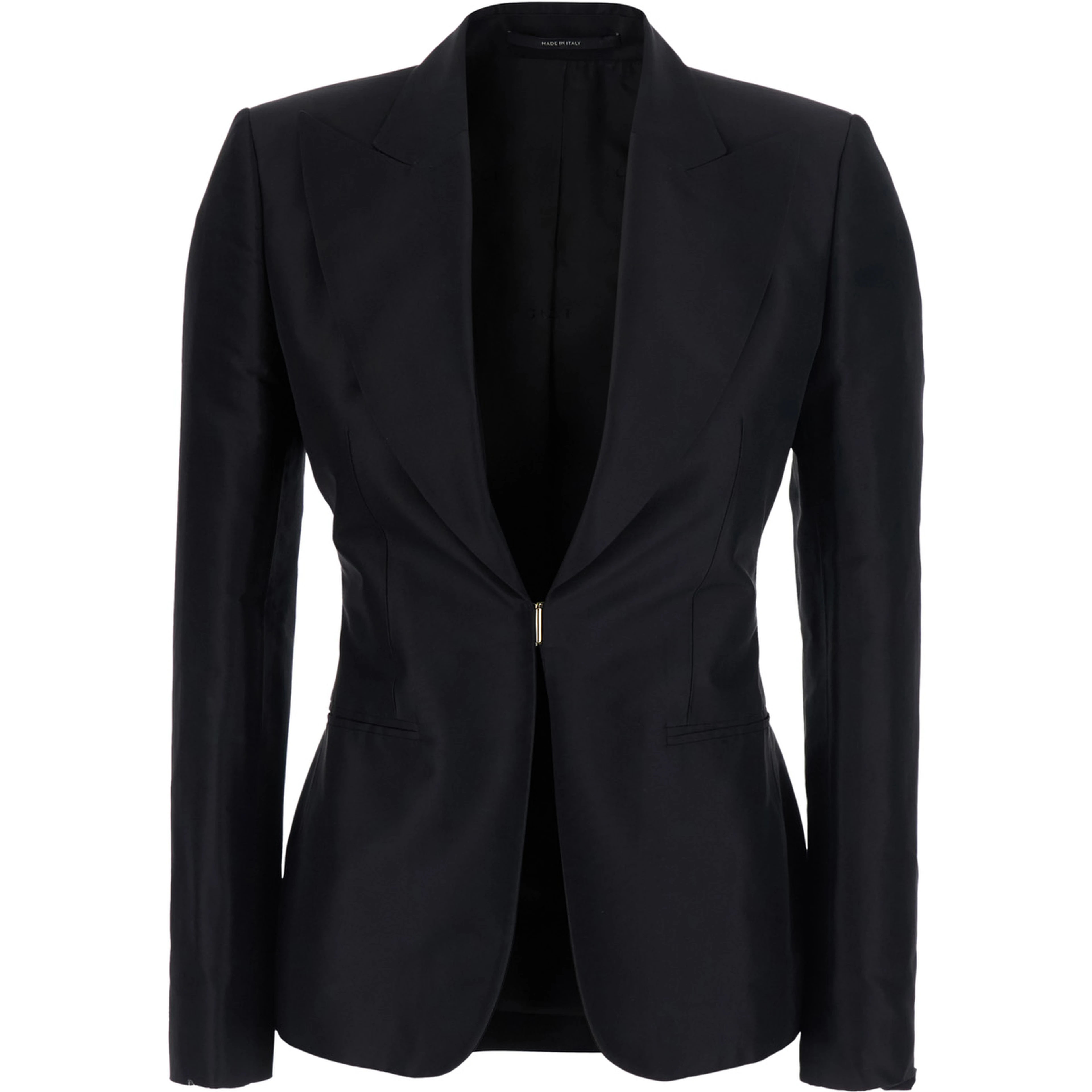 Black Single-Breasted Jacket with Peak revers and Hook Closure on the Front in Silk for Women