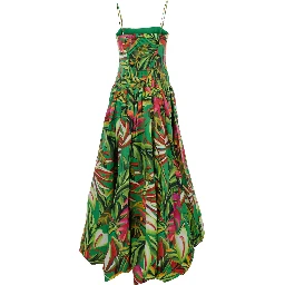 Tropical Dream Multicolor Long Sleeveless Dress with Flared Skirt and All-Over Floral Motif in Cotton for Women