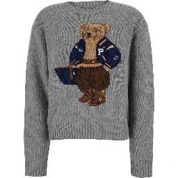 Grey Crewneck sweater with Bear motif on the front and dropped shoulders in wool and cashmere for women