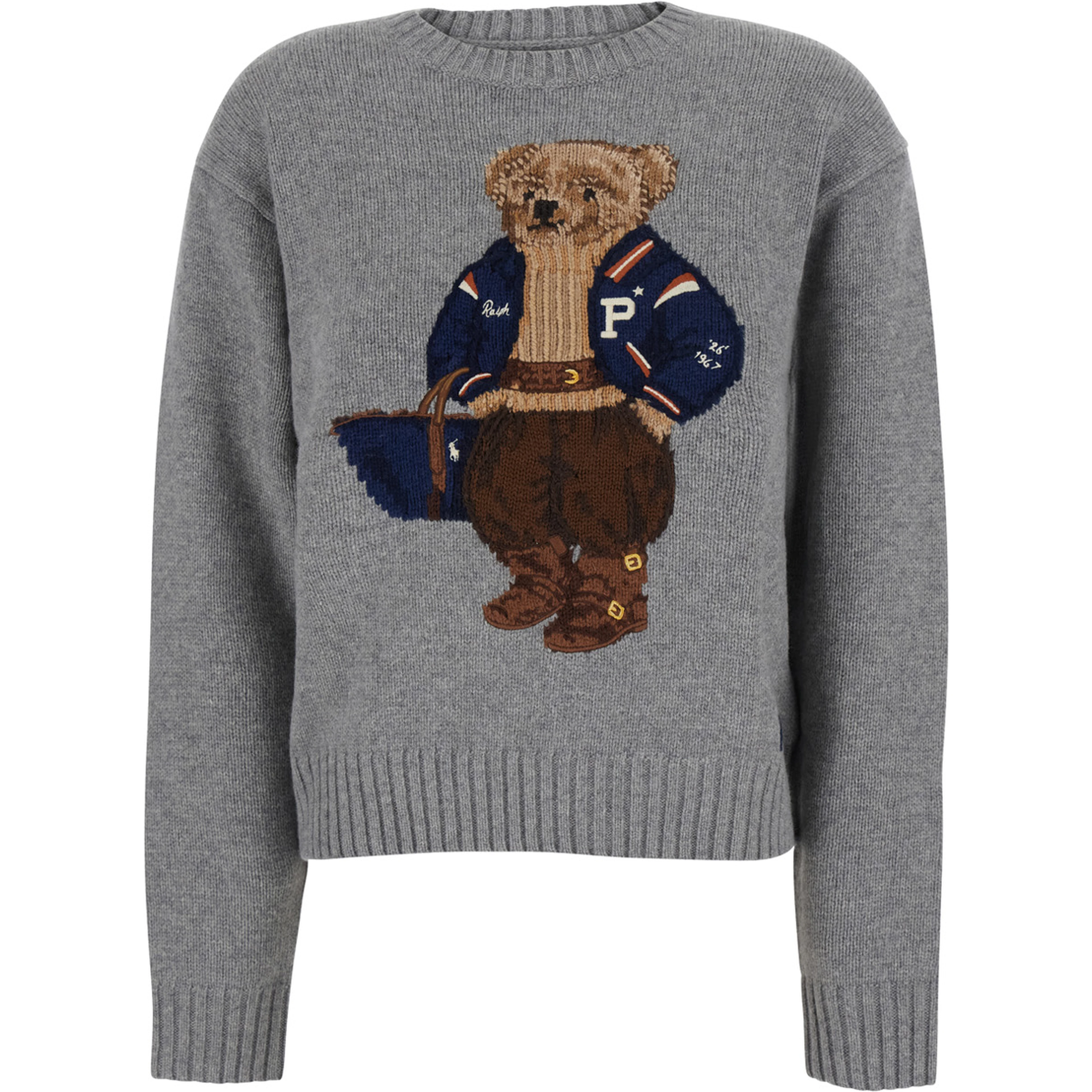 Grey Crewneck sweater with Bear motif on the front and dropped shoulders in wool and cashmere for women