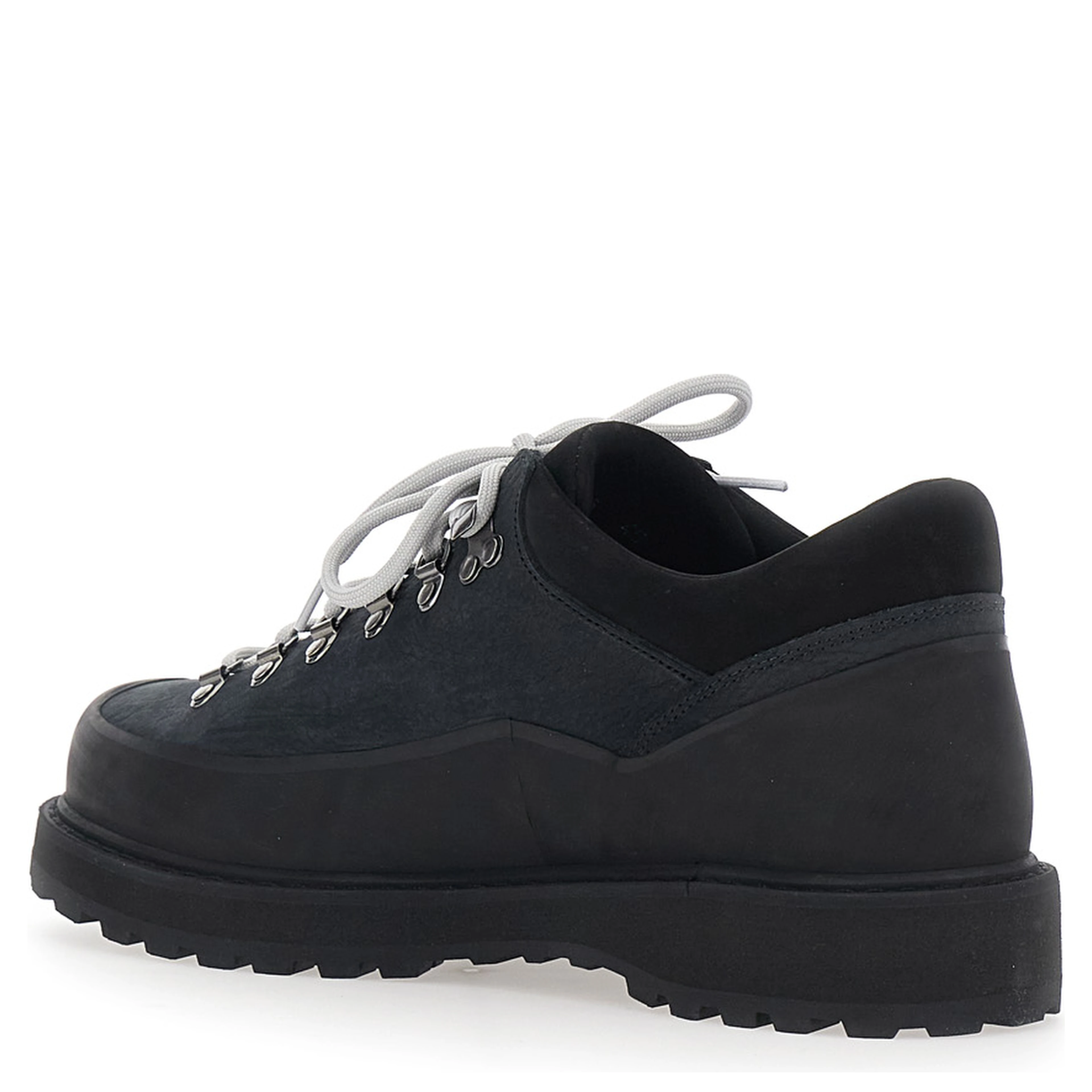 Black ankle boots with rubber lug sole and logo lettering on the tongue in leather for men