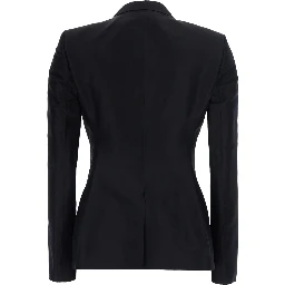 Black Single-Breasted Jacket with Peak revers and Hook Closure on the Front in Silk for Women