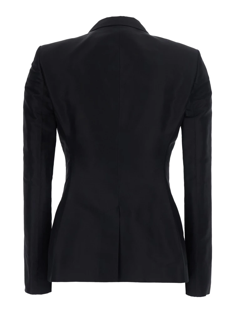Black Single-Breasted Jacket with Peak revers and Hook Closure on the Front in Silk for Women alternative