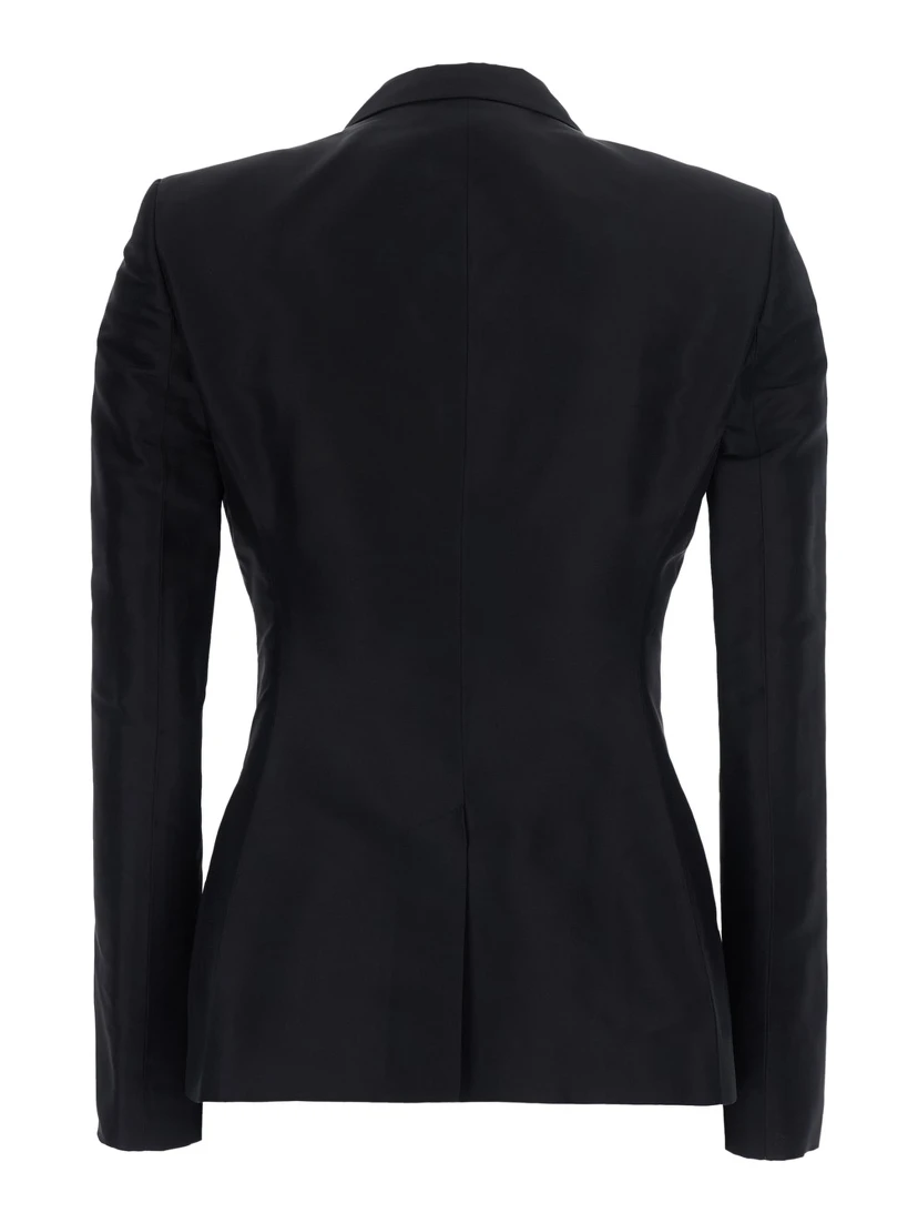 Black Single-Breasted Jacket with Peak revers and Hook Closure on the Front in Silk for Women