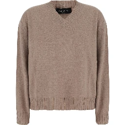 beige sweater with V-neck and strass details in wool and silk Blend women