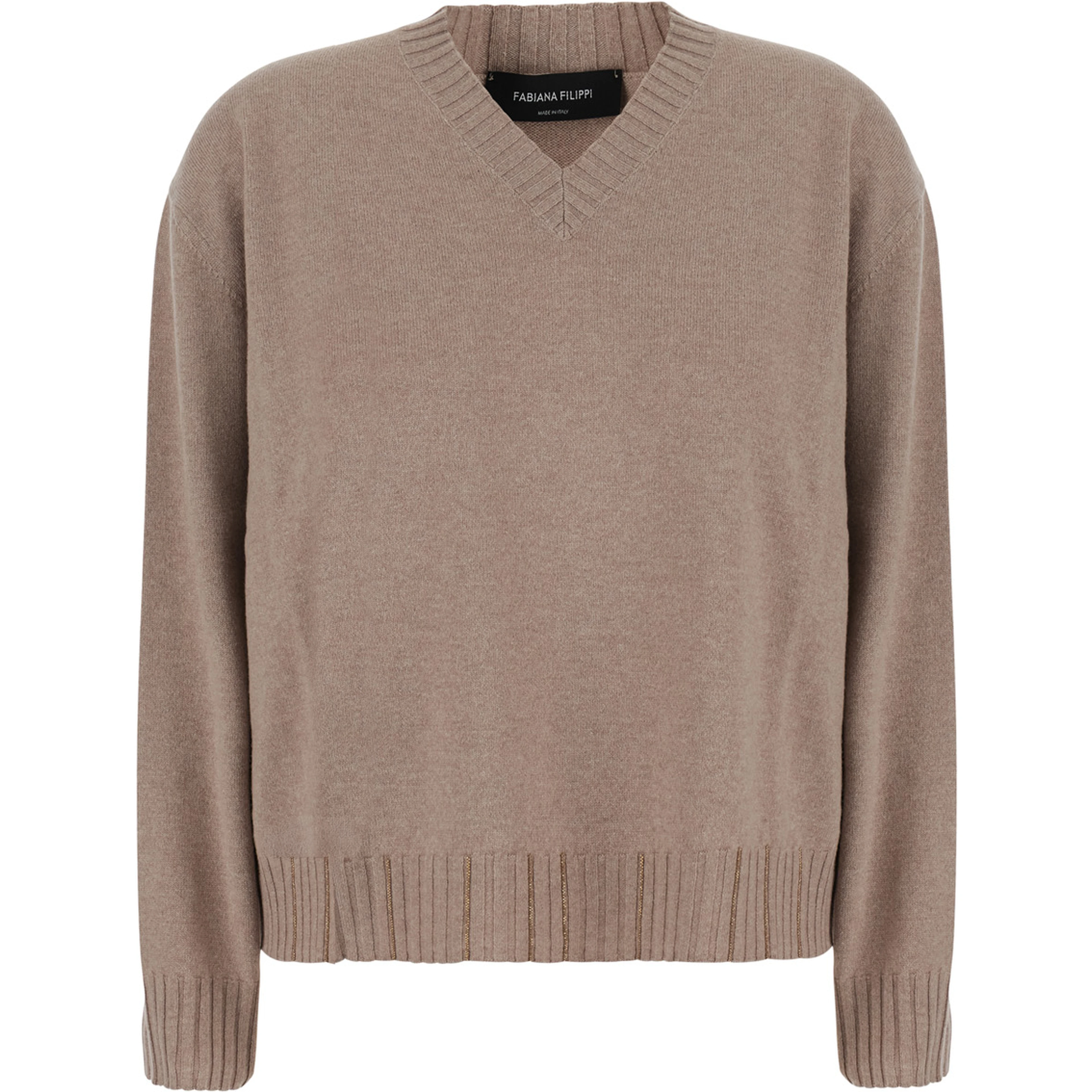beige sweater with V-neck and strass details in wool and silk Blend women