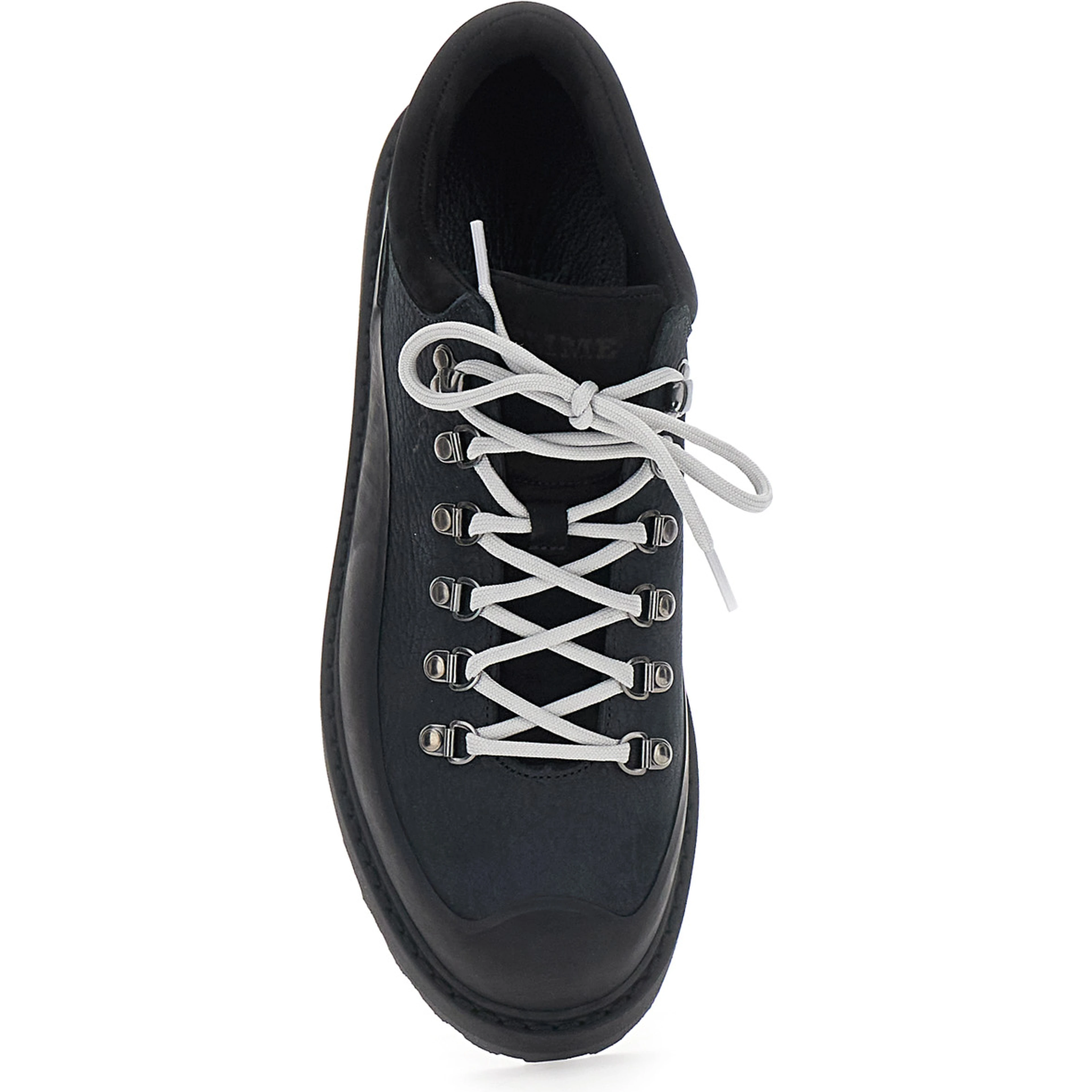 Black ankle boots with rubber lug sole and logo lettering on the tongue in leather for men