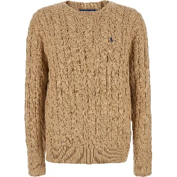 Beige Crewneck Sweater with Pony Patch on the Front and Cable Knit in Cotton for Men