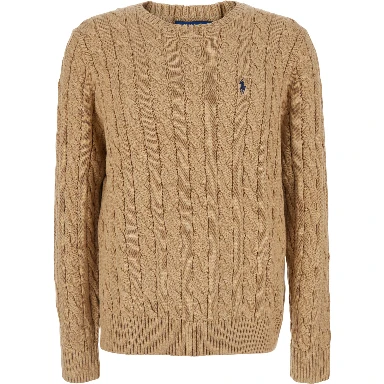 Beige Crewneck Sweater with Pony Patch on the Front and Cable Knit in Cotton for Men