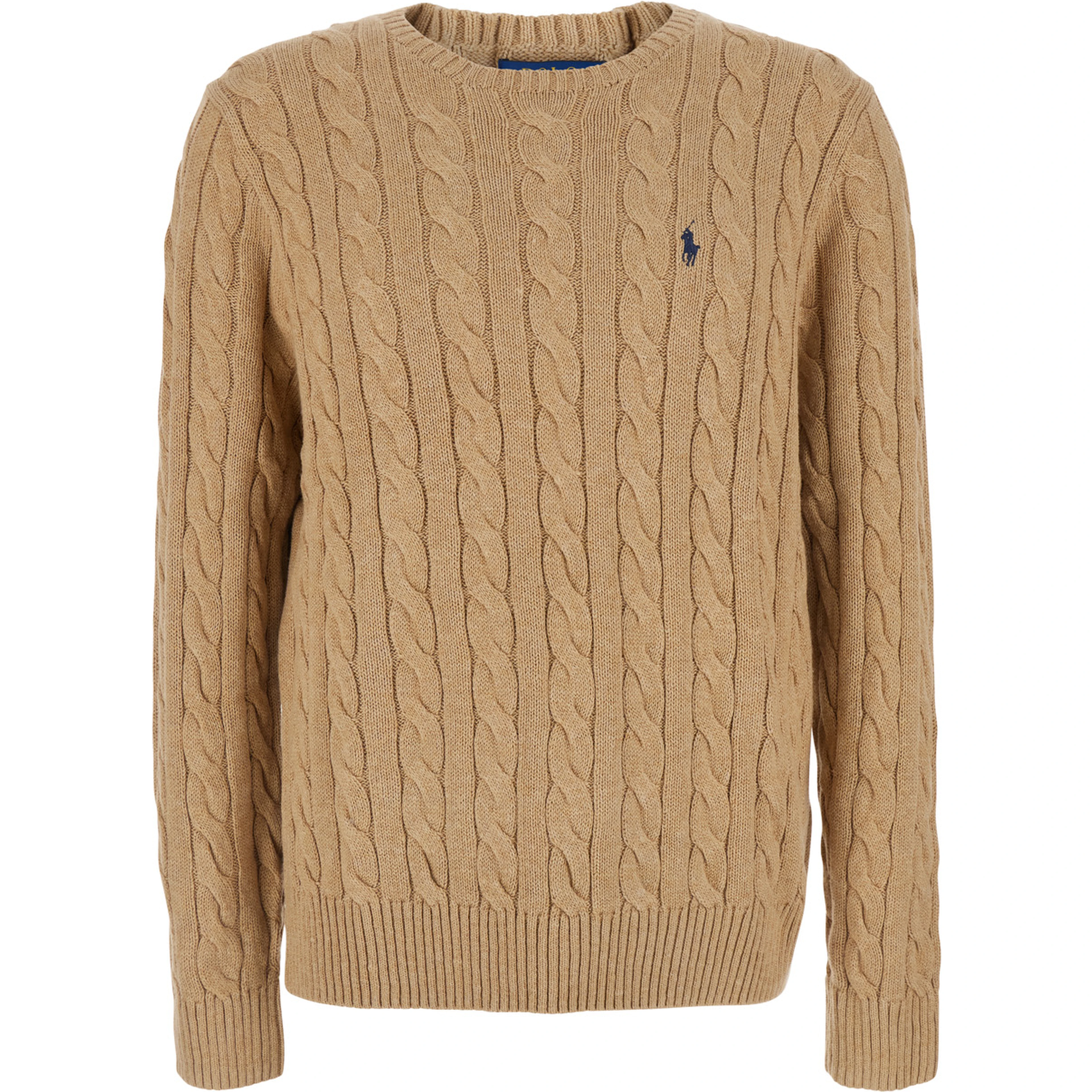 Beige Crewneck Sweater with Pony Patch on the Front and Cable Knit in Cotton for Men