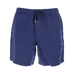 Blue bermuda shorts with elasticated waist and tone-on-tone Pony embroidery in linen for men