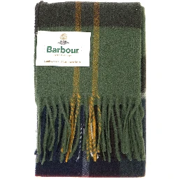 Green Scarf with logo patch on the front and fringed edge in wool for men
