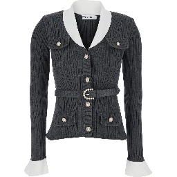 Grey Cardigan with ribbed texture and long sleeves in fabric and cotton women
