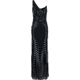 black Long dress with draping and rhinestones in Tech Fabric woman