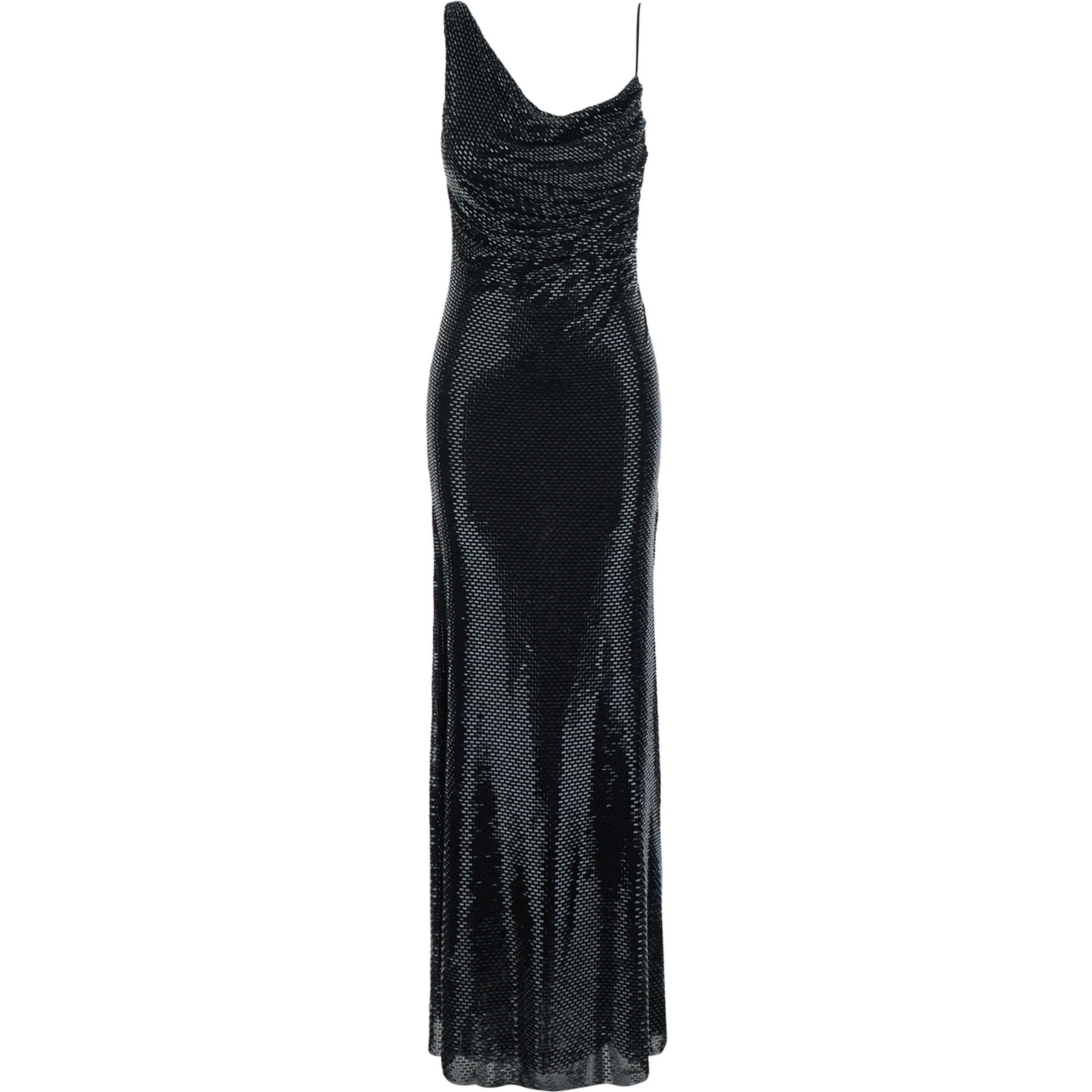 black Long dress with draping and rhinestones in Tech Fabric woman