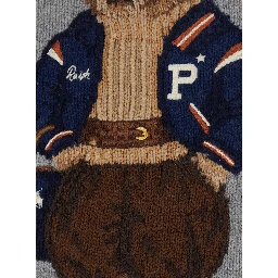 Grey Crewneck sweater with Bear motif on the front and dropped shoulders in wool and cashmere for women
