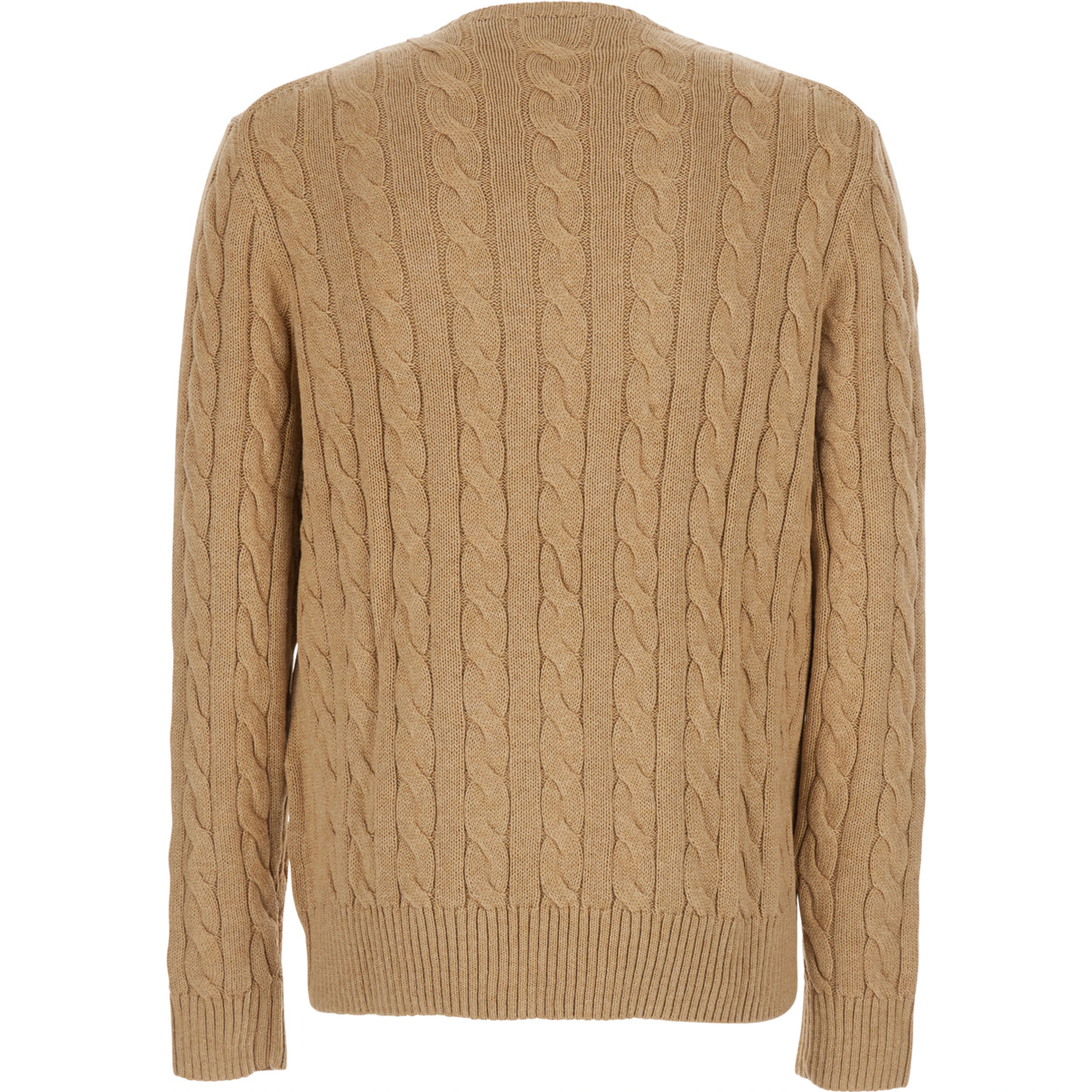 Beige Crewneck Sweater with Pony Patch on the Front and Cable Knit in Cotton for Men