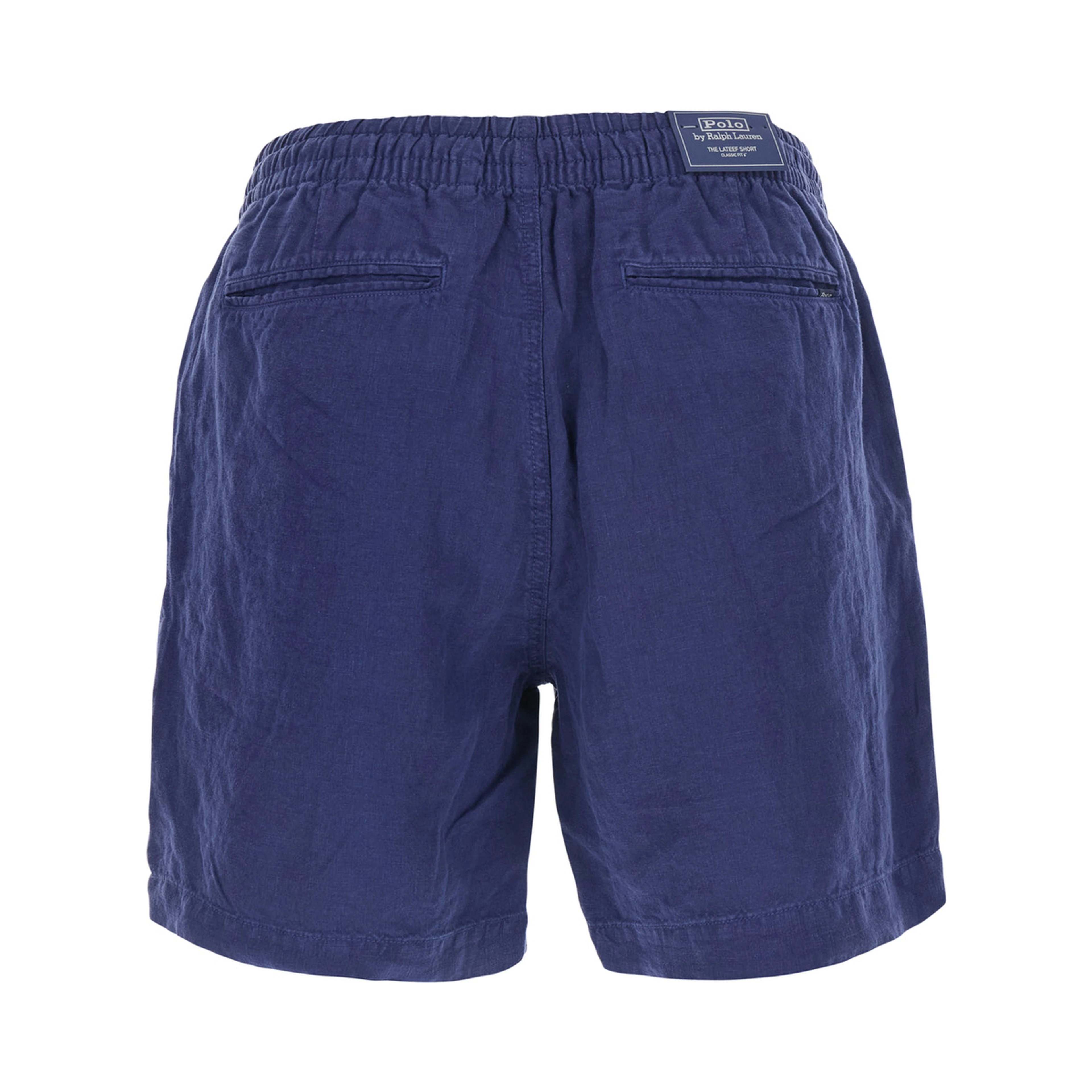 Blue bermuda shorts with elasticated waist and tone-on-tone Pony embroidery in linen for men