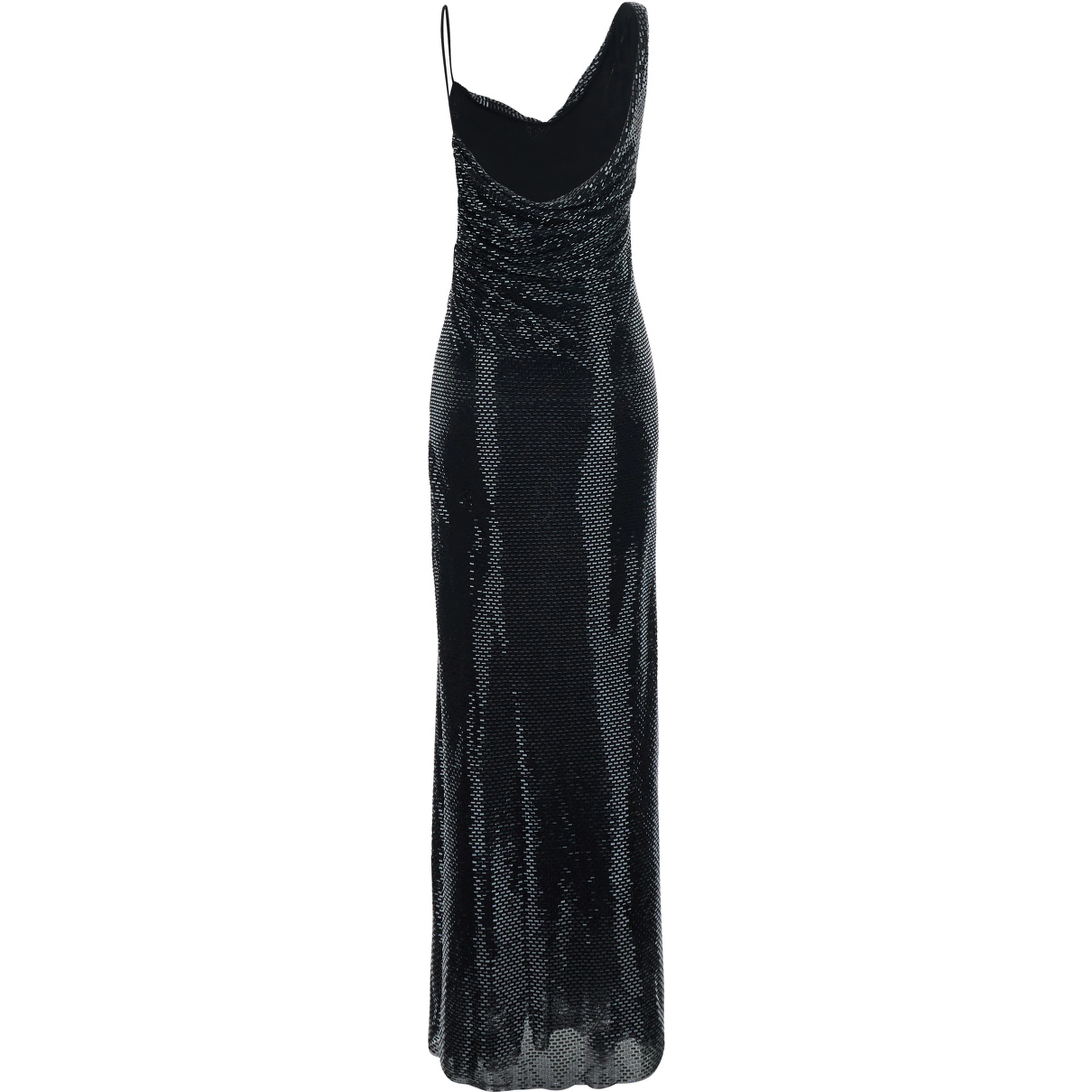 black Long dress with draping and rhinestones in Tech Fabric woman
