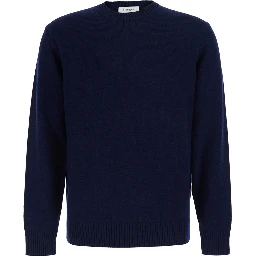 Blue Crewneck sweater with ribbed finishes in Blend wool and cashmere for men