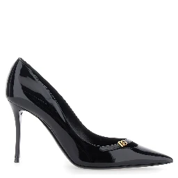 Black High-heeled pumps with logo plaque on the front in leather for women
