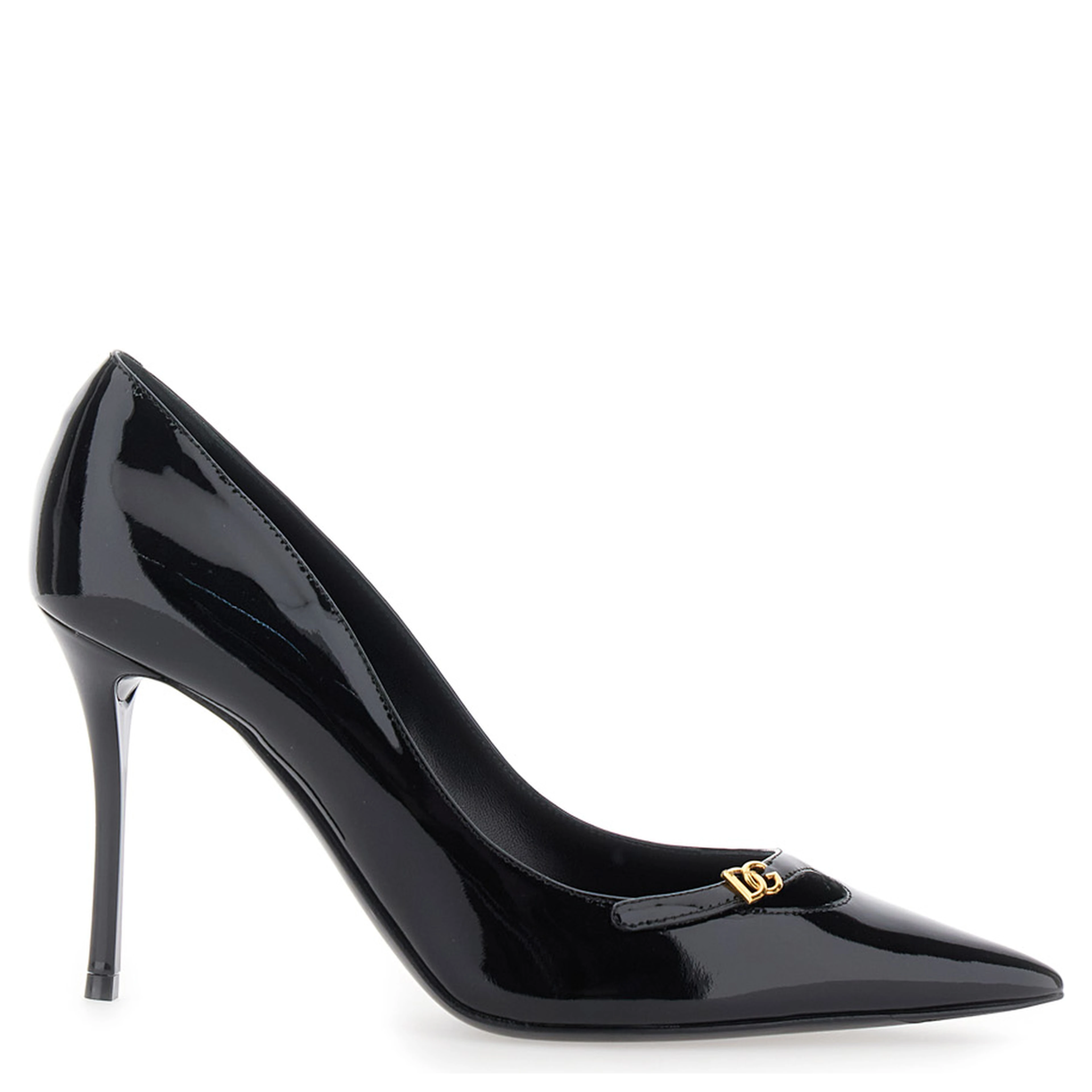 Black High-heeled pumps with logo plaque on the front in leather for women