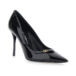 Black High-heeled pumps with logo plaque on the front in leather for women