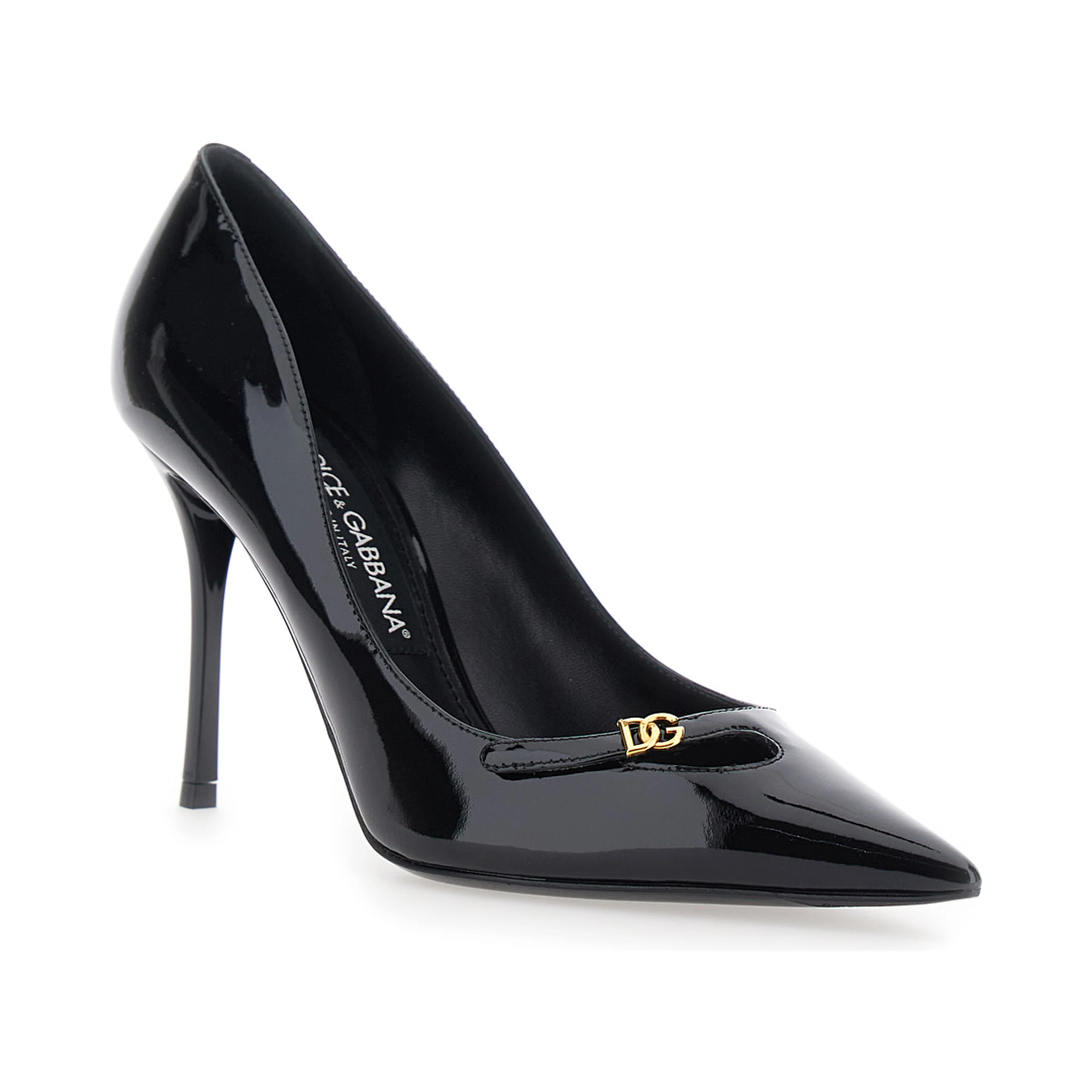 Black High-heeled pumps with logo plaque on the front in leather for women