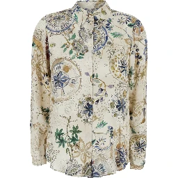 White Shirt with classic collar and all-over print in viscose for women