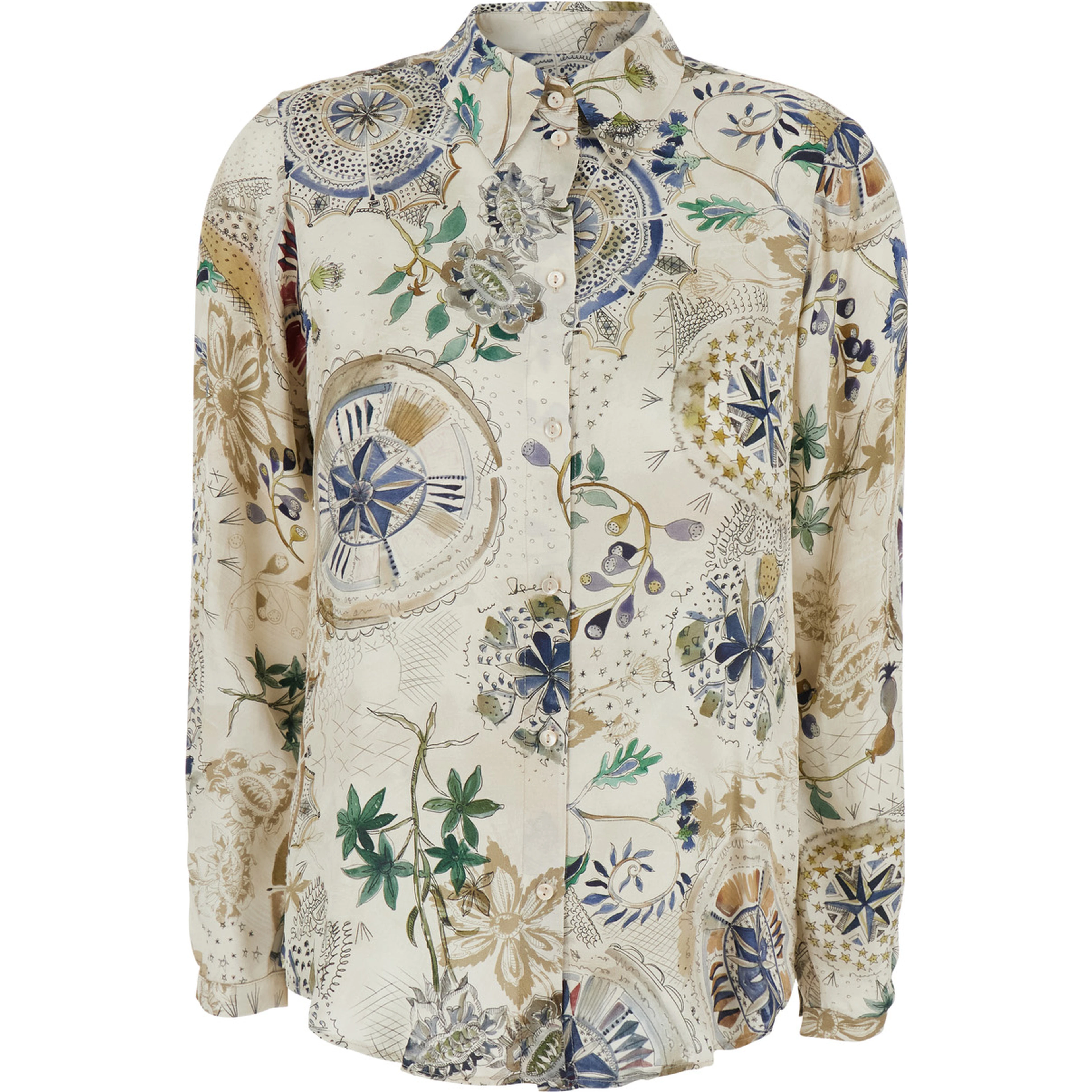 White Shirt with classic collar and all-over print in viscose for women