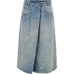 Blue Midi Skirt with Single Front Slit and Faded Design in Denim for Women